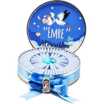 Nin Chocolate 80 Adet Nin Erkek Bebek Çikolatası Metal Yuvarlak Kutu Leylek Baskılı Napoliten Çikolata