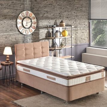 Niron Queen 120x200 cm Bir Buçuk Kişilik Pedli Sütlü Kahve Kumaş Baza Başlık Ve Yatak Takımı