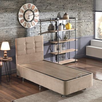 Niron Yatak Ela 100x200 cm Silinebilir Soho Kumaş Tek Kişilik Sandıklı Sütlü Kahve Kumaş Baza
