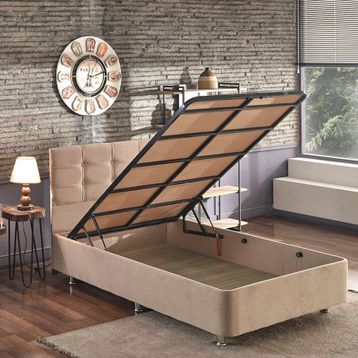 Niron Yatak Ela 120x200 cm Silinebilir Soho Kumaş Tek Kişilik Sandıklı Sütlü Kahve Kumaş Baza