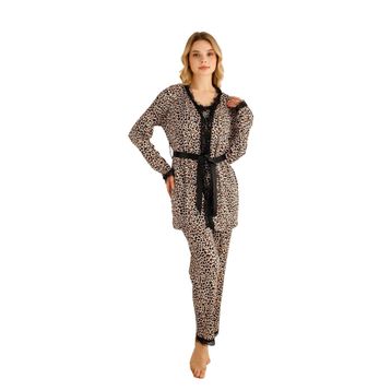 Nisanca Sabahlıklı Dantel Detaylı Pegasus Kadın Çeyizlik Takım Leopar Pijama Takımı