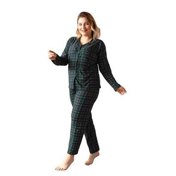 Nisanca Yesil Kışlık Düğmeli Ekose Desen Yılbaşı Temalı Süet Kadın Pijama Takımı