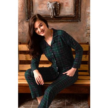 Nisanca Yesil Kışlık Düğmeli Ekose Desen Yılbaşı Temalı Süet Kadın Pijama Takımı
