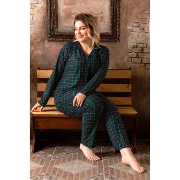 Nisanca Yesil Kışlık Düğmeli Ekose Desen Yılbaşı Temalı Süet Kadın Pijama Takımı