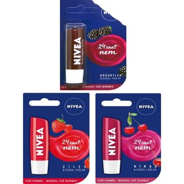 Nivea Çilek 4,8 g Dudak Bakım Kremi + Nivea Böğürtlen 4,8 g Dudak Bakım Kremi + Nivea Kiraz 4,8 g Dudak Bakım Kremi Set