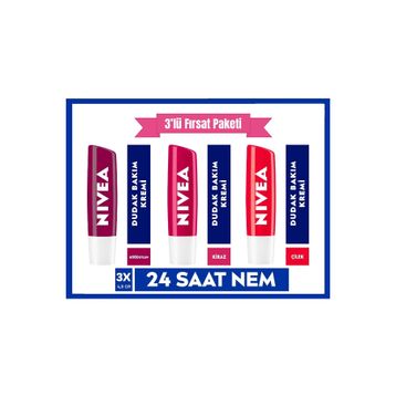 Nivea Çilek 4,8 g Dudak Bakım Kremi + Nivea Böğürtlen 4,8 g Dudak Bakım Kremi + Nivea Kiraz 4,8 g Dudak Bakım Kremi Set