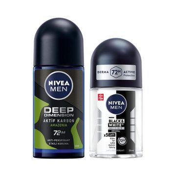 Nivea Deodorant Deep Dimension Amazonia 50 ml Men Erkek Roll-On ve Black White Invisible Original Mini 25 ml Roll-On