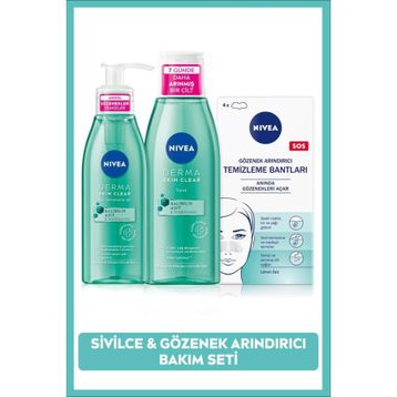 NIVEA Derma Skin Clear Sivilce Karşıtı Yüz Temizleme Jeli Tonik ve T-Bölgesi ve Siyah Nokta Temizleyici Bant