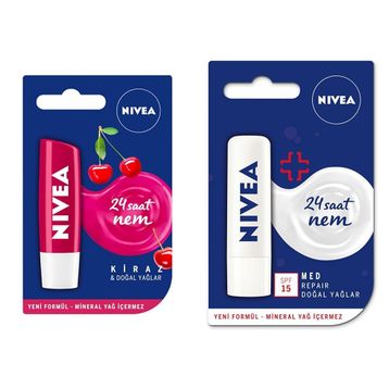 Nivea Kiraz 4.8 gr ve Med Repair SPF 15 4.8 gr Dudak Bakım Kremi