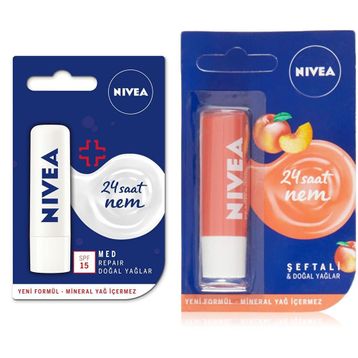 Nivea Med Repair SPF 15 4.8 gr ve Şeftali 4.8 gr Dudak Bakım Kremi