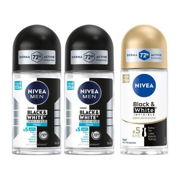 Nivea Men Black White Invisible Fresh 50 ml Erkek Roll On Deodorant ve Black White Invisible İpeksi Pürüzsüzlük 50 ml Kadın Roll On Deodorant