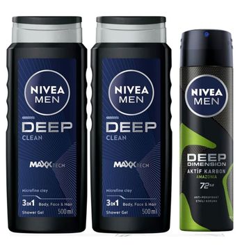 Nivea Men Deep Dimension 500 ml Duş Jeli ve Deep Dimension Amazonia 150 ml Erkek Sprey Deodorant