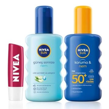 Nivea Sun Güneş Koruyucu Kişisel Bakım Seti - 200 ml Güneş Kremi - Güneş Sonrası Sprey - Dudak Bakım Kremi