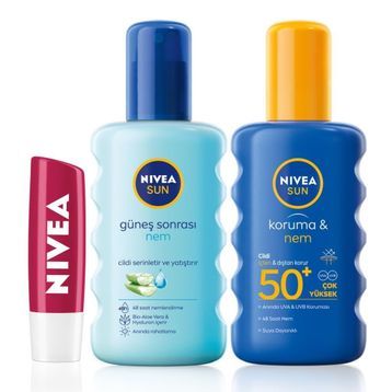 Nivea Sun Güneş Koruyucu Kişisel Bakım Seti - 200 ml Güneş Kremi - Güneş Sonrası Sprey - Dudak Bakım Kremi