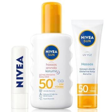 Nıvea Sun Hassas Güneş Koruyucu Kişisel Bakım SETI,SPF50+ 50 ml Yüz Güneş Kremi Dudak Bakım Kremi