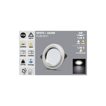Noas YL38-0511 5W 6500K Beyaz Sıva Altı Beyaz Gümüş Kasa Led Spot