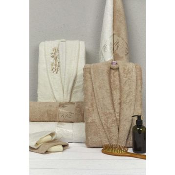 Nurpak Ekru Vizon Bamboo Aile Bornoz Seti