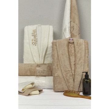 Nurpak Ekru Vizon Bamboo Aile Bornoz Seti