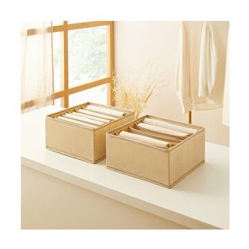 Ocean Home Textile 28x28x13 cm 2'li 6 Bölmeli Bej Balıksırtı Desenli Çekmece İçi Düzenleyici Kutu Set