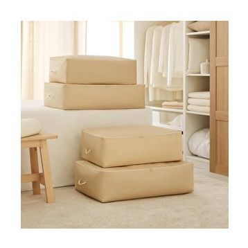 Ocean Home Textile 62x46x22 / 74x46x22 cm 4'lü Bej Balıksırtı Baza Altı 2 Adet Hurç Set