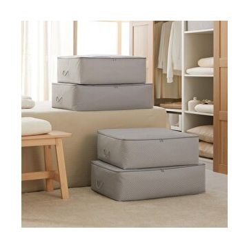 Ocean Home Textile 62x46x22 / 74x46x22 cm 4'lü Gri Balıksırtı Baza Altı 2 Adet Hurç Set