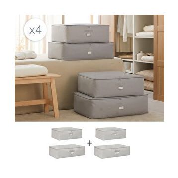 Ocean Home Textile 62x46x22 / 74x46x22 cm 4'lü Gri Balıksırtı Baza Altı 2 Adet Hurç Set