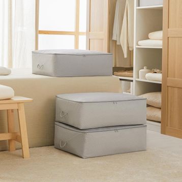 Ocean Home Textile 62x46x22 cm 3'lü Büyük Boy Gri Balıksırtı Baza Altı Hurç Set