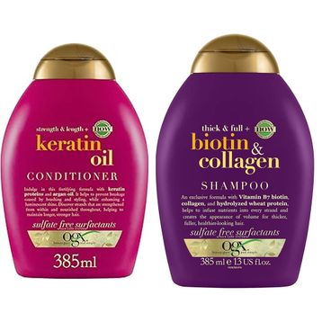 OGX Dolgunlaştırıcı Biotin ve Kolajen 385 ml Şampuan + Kırılma Karşıtı Keratin Oil 385 ml Saç Bakım Kremi