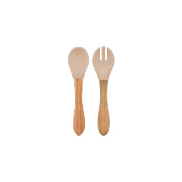 Oioi Bubble Beige Bambu Saplı Silikon Mama Kaşığı ve Çatal