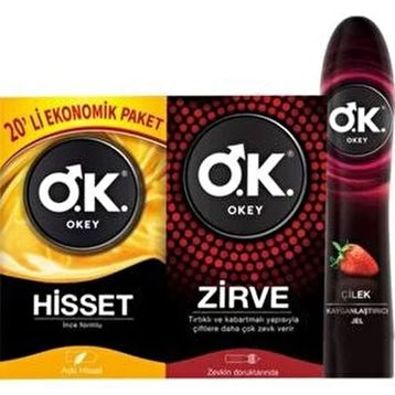 Okey Hisset 20'li + Zirve 10'lu Prezervatif + Çilek 100 ml Kayganlaştırıcı Jel