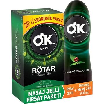 Okey Rötar Geciktiricili 20'li Prezervatif + 200 ml Ginseng Masaj Jeli