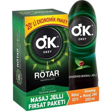 Okey Rötar Geciktiricili 20'li Prezervatif + 200 ml Ginseng Masaj Jeli