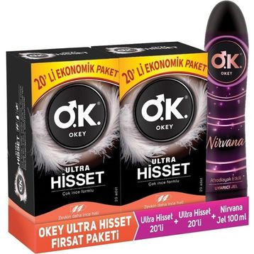 Okey Ultra Hisset 40'lı Prezervatif + Okey Nirvana Uyarıcı Jel 100 ml Set