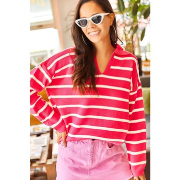 Olalook 19000435 Kadın Fuşya Polo Yaka Oversize Crop Triko Kazak