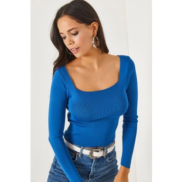 Olalook BLZ-19001114 İndigo Kare Yaka Basic Triko Bluz