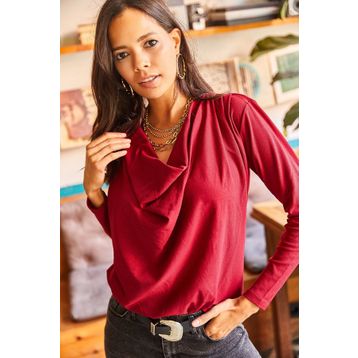Olalook BLZ-19001760 Bordo Omuzu Pileli Degaje Yaka Salaş Örme Bluz