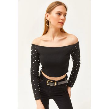 Olalook BLZ-19002514 Siyah Kolları Boncuk Detaylı Kadın Bluz