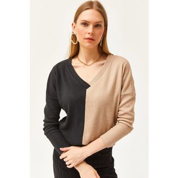 Olalook BLZ-19002519 Siyah Camel Bloklu Şardonlu Salaş Kadın Bluz