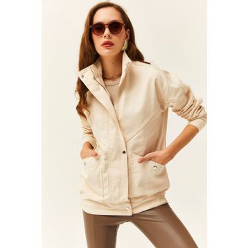 Olalook CKT-19000258 Taş Cepli Fermuarlı Çıtçıtlı Uzun Denim Kadın Ceket