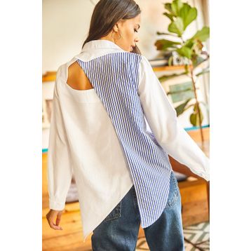 Olalook GML-19001052 Mavi - Beyaz Sırtı Cut Out Detaylı Sambre Oversize Gömlek
