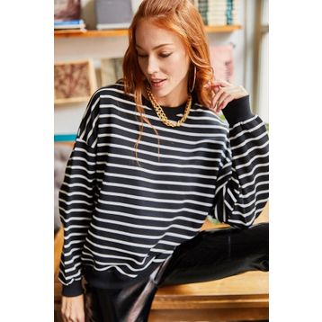Olalook SWT-19000457 Beyaz İndigo Çizgili Yumuşak Dokulu Salaş Kadın Sweatshirt