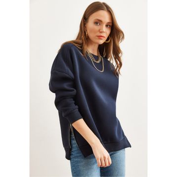 Olalook SWT-19000624 Lacivert İçi Polarlı Kalın Kadın Sweatshirt