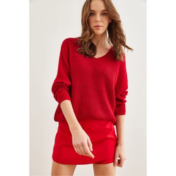 Olalook TNK-19000081 Kırmızı V Yaka Selanik Örgü Oversize Triko Tunik
