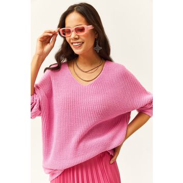 Olalook TNK-19000081 Şeker Pembe V Yaka Selanik Örgü Oversize Triko Tunik