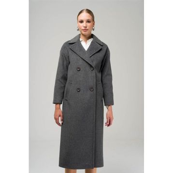 Olcay 3860-Y 1004 Koyu Gri Kruvaze Ara Boy Oversize Kadın Kaban