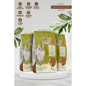 Oliva Cat Zeytin Çekirdeğinden Üretilen Aktif Karbonlu Doğal Tozsuz 8 lt 3 Adet Kedi Kumu