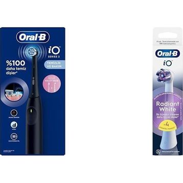 Oral-B iO 2 Şarjlı Gece Siyahı Diş Fırçası+iO Radiant White Beyaz 4 Adet Diş Fırçası Yedek Başlığı