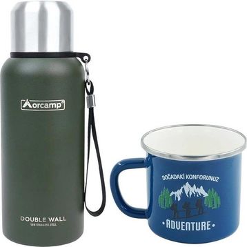 Orcamp OUT-5000 0.50 lt Yeşil Çelik Termos+OUT-1900 Emaye Mavi Adventure 330 ml Kupa