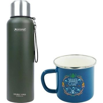 Orcamp OUT-5100 1.5 lt Yeşil Çelik Termos+OUT-1900 Emaye Summer Mavi 330 ml Kupa