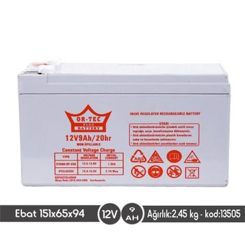 Ortec 12V 9Ah Bakımsız Kuru Akü
